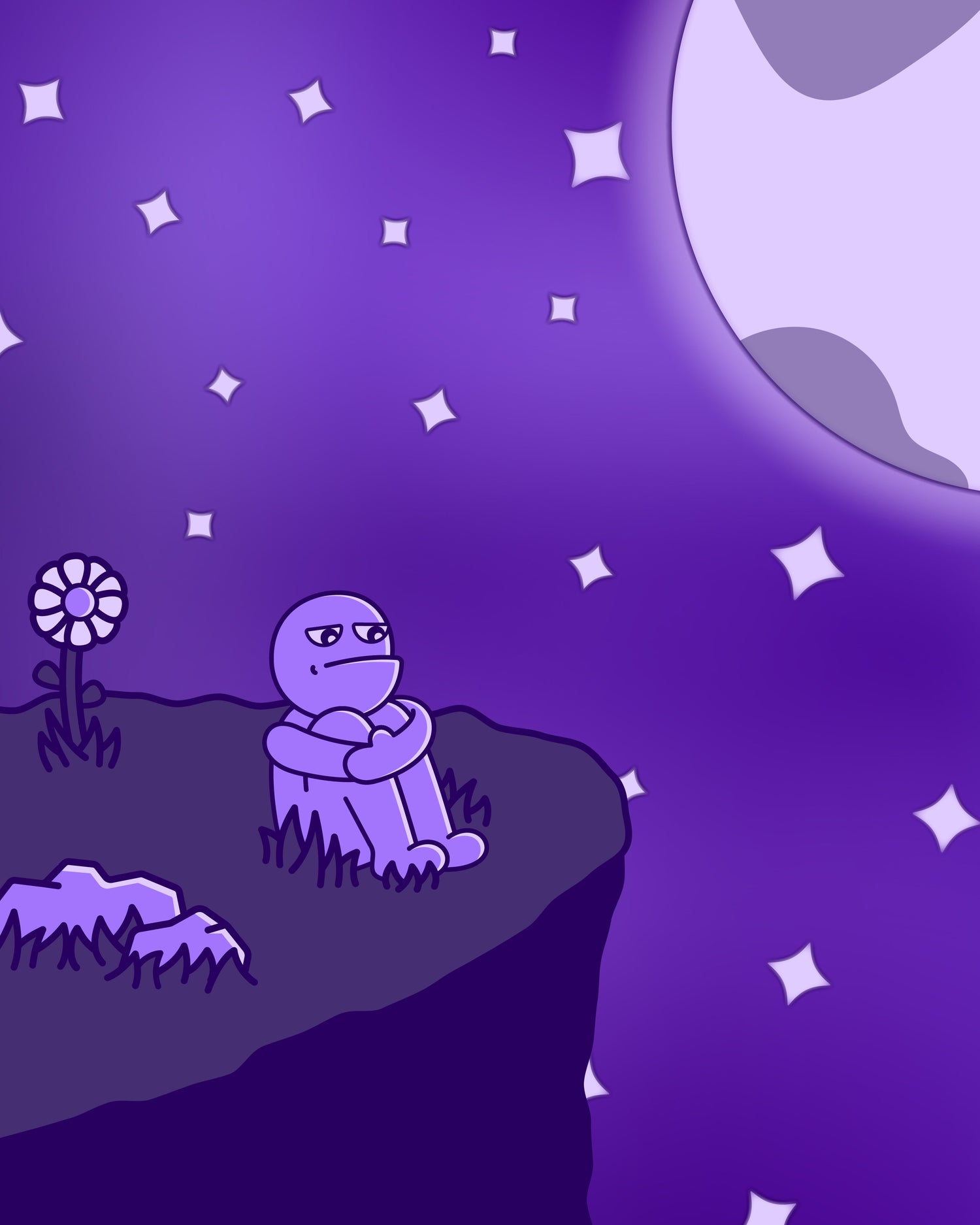 Purple creature sitting on a rock under a starry night sky with a large moon.